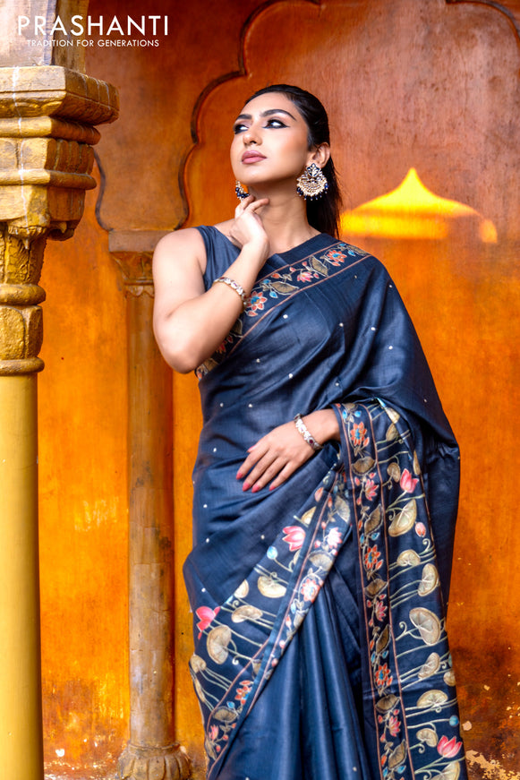 Pure tussar silk saree dark elephant grey with allover pichwai prints & embroidery work buttas and pita work pichwai printed border