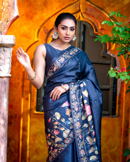 Pure tussar silk saree dark elephant grey with allover pichwai prints & embroidery work buttas and pita work pichwai printed border