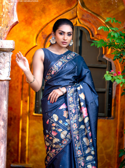 Pure tussar silk saree dark elephant grey with allover pichwai prints & embroidery work buttas and pita work pichwai printed border