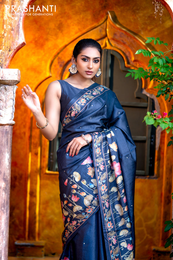 Pure tussar silk saree dark elephant grey with allover pichwai prints & embroidery work buttas and pita work pichwai printed border