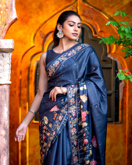 Pure tussar silk saree dark elephant grey with allover pichwai prints & embroidery work buttas and pita work pichwai printed border