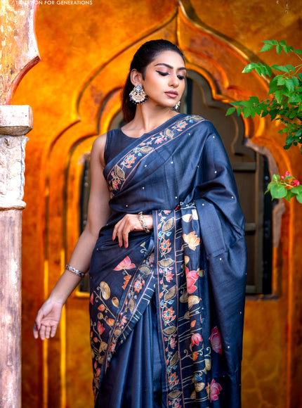 Pure tussar silk saree dark elephant grey with allover pichwai prints & embroidery work buttas and pita work pichwai printed border