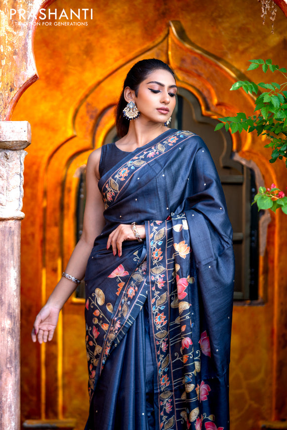 Pure tussar silk saree dark elephant grey with allover pichwai prints & embroidery work buttas and pita work pichwai printed border