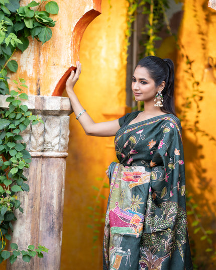 Pure tussar silk saree dark sap green with allover digital pichwai prints & pita work and zari line border