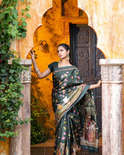 Pure tussar silk saree dark sap green with allover digital pichwai prints & pita work and zari line border