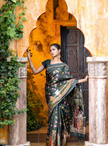 Pure tussar silk saree dark sap green with allover digital pichwai prints & pita work and zari line border