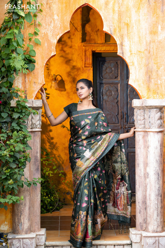 Pure tussar silk saree dark sap green with allover digital pichwai prints & pita work and zari line border