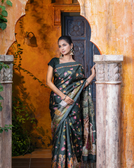 Pure tussar silk saree dark sap green with allover digital pichwai prints & pita work and zari line border