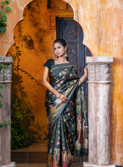 Pure tussar silk saree dark sap green with allover digital pichwai prints & pita work and zari line border