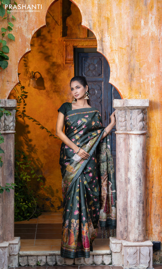 Pure tussar silk saree dark sap green with allover digital pichwai prints & pita work and zari line border