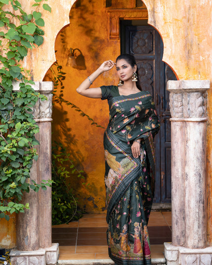 Pure tussar silk saree dark sap green with allover digital pichwai prints & pita work and zari line border