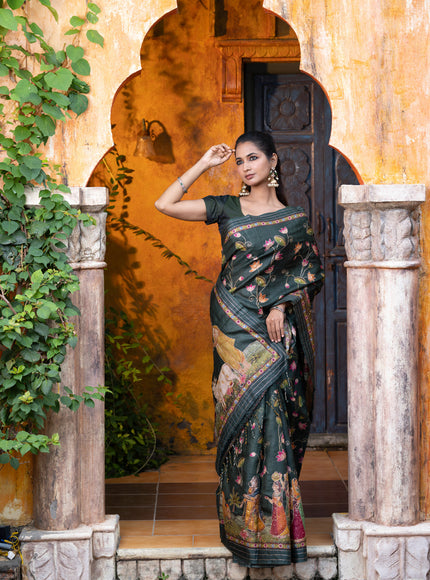 Pure tussar silk saree dark sap green with allover digital pichwai prints & pita work and zari line border