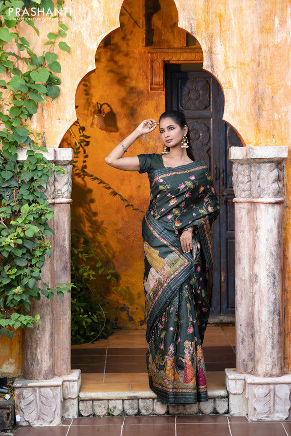 Pure tussar silk saree dark sap green with allover digital pichwai prints & pita work and zari line border