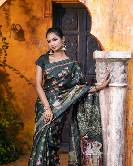 Pure tussar silk saree dark sap green with allover digital pichwai prints & pita work and zari line border