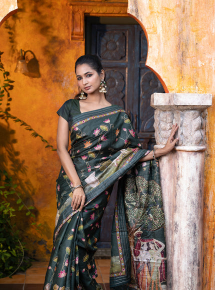 Pure tussar silk saree dark sap green with allover digital pichwai prints & pita work and zari line border