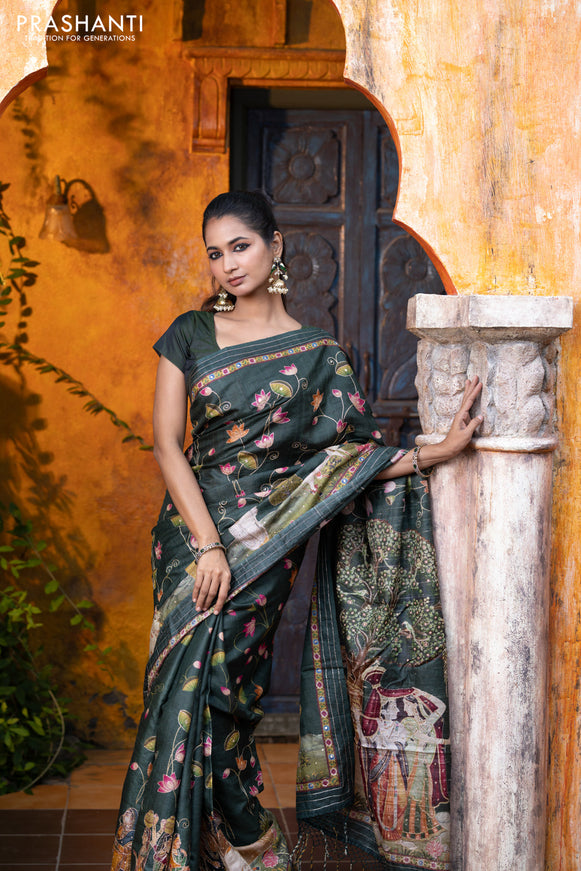 Pure tussar silk saree dark sap green with allover digital pichwai prints & pita work and zari line border