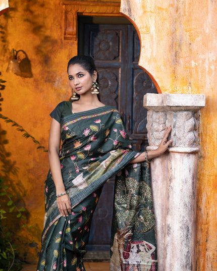 Pure tussar silk saree dark sap green with allover digital pichwai prints & pita work and zari line border