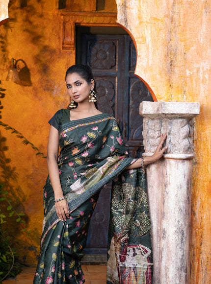 Pure tussar silk saree dark sap green with allover digital pichwai prints & pita work and zari line border