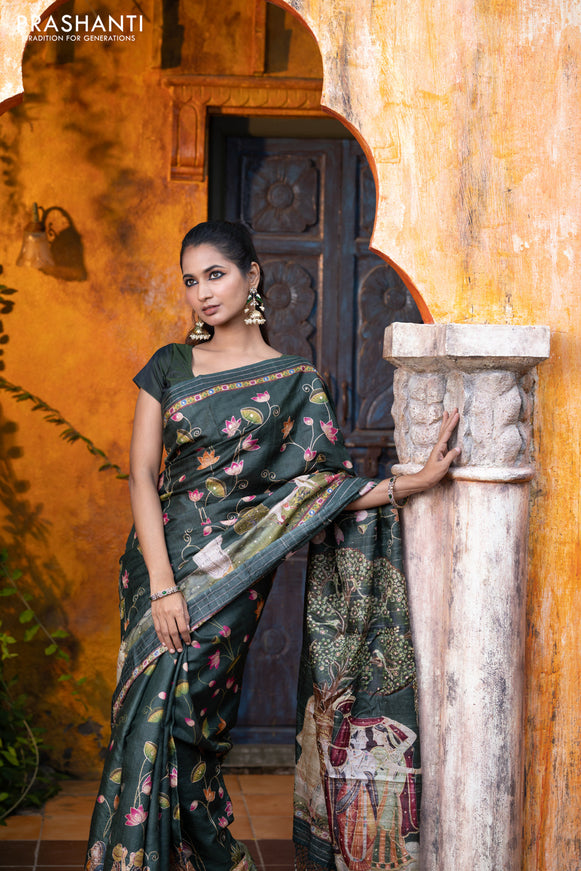 Pure tussar silk saree dark sap green with allover digital pichwai prints & pita work and zari line border