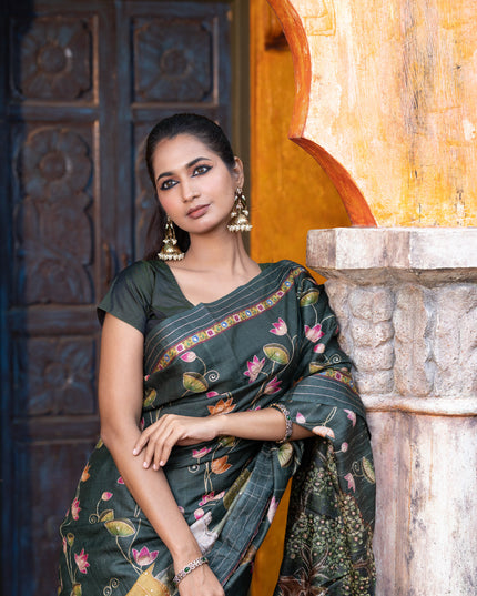 Pure tussar silk saree dark sap green with allover digital pichwai prints & pita work and zari line border