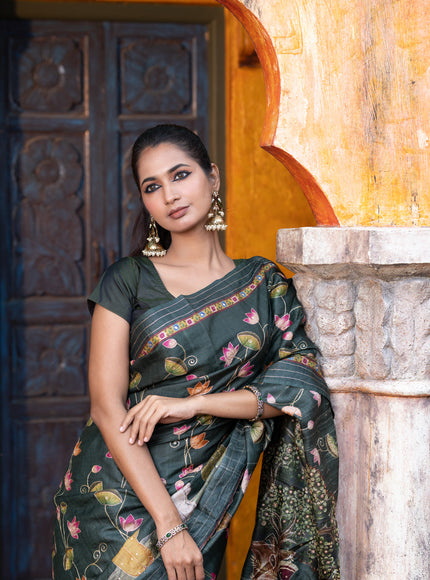 Pure tussar silk saree dark sap green with allover digital pichwai prints & pita work and zari line border