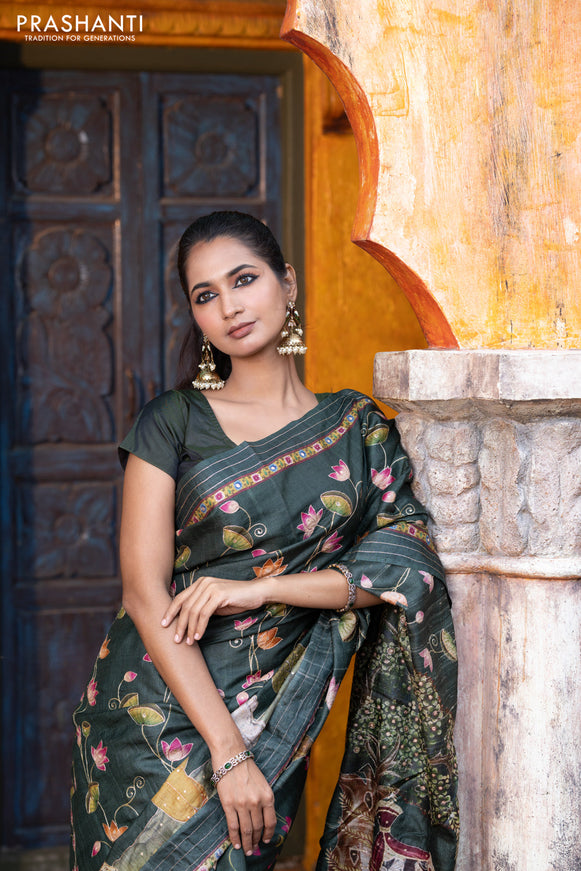 Pure tussar silk saree dark sap green with allover digital pichwai prints & pita work and zari line border