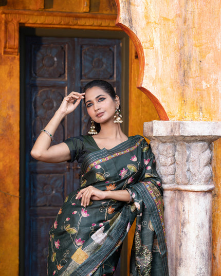 Pure tussar silk saree dark sap green with allover digital pichwai prints & pita work and zari line border