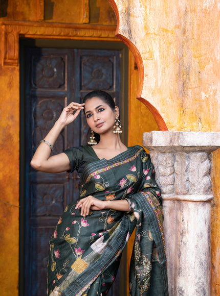 Pure tussar silk saree dark sap green with allover digital pichwai prints & pita work and zari line border