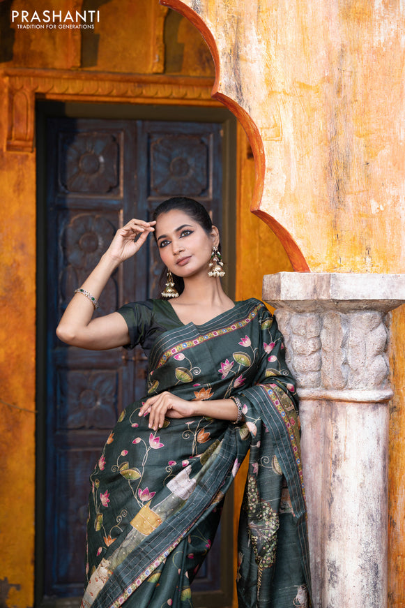 Pure tussar silk saree dark sap green with allover digital pichwai prints & pita work and zari line border