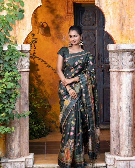 Pure tussar silk saree dark sap green with allover digital pichwai prints & pita work and zari line border