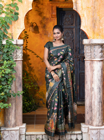 Pure tussar silk saree dark sap green with allover digital pichwai prints & pita work and zari line border