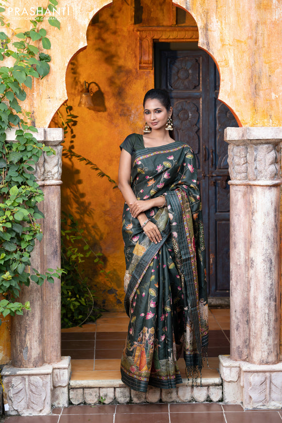 Pure tussar silk saree dark sap green with allover digital pichwai prints & pita work and zari line border