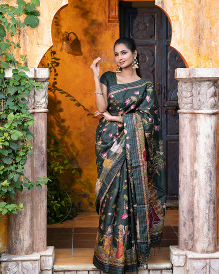 Pure tussar silk saree dark sap green with allover digital pichwai prints & pita work and zari line border