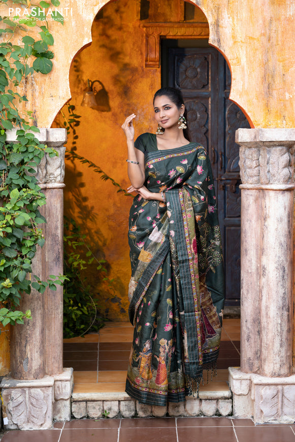 Pure tussar silk saree dark sap green with allover digital pichwai prints & pita work and zari line border