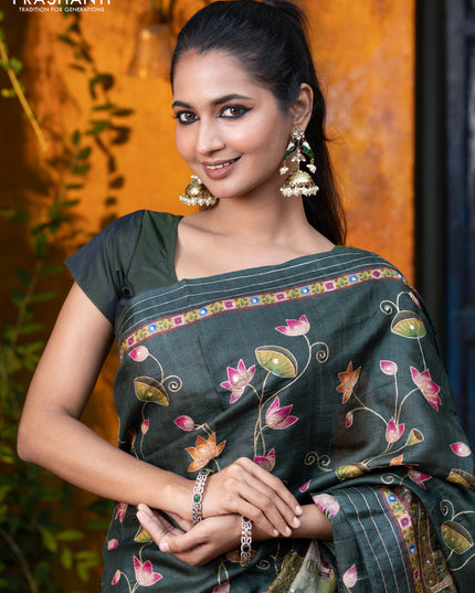 Pure tussar silk saree dark sap green with allover digital pichwai prints & pita work and zari line border