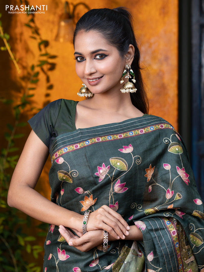 Pure tussar silk saree dark sap green with allover digital pichwai prints & pita work and zari line border