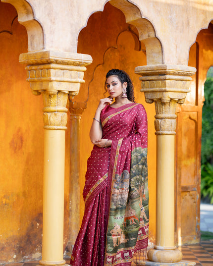 Pure tussar silk saree maroon with allover bandhani butta prints & pita work and zari line border