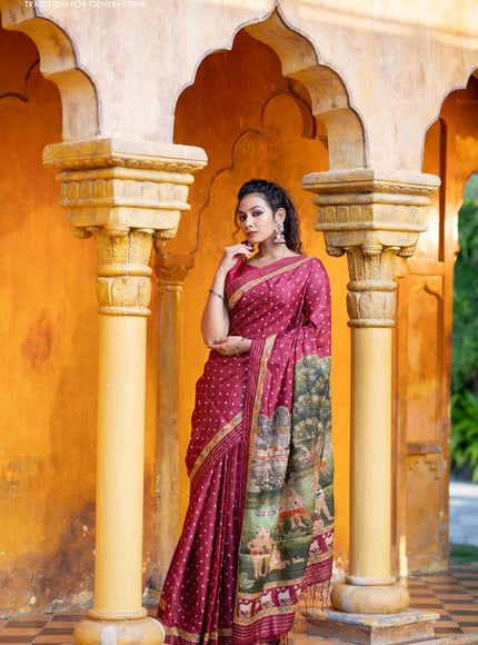 Pure tussar silk saree maroon with allover bandhani butta prints & pita work and zari line border