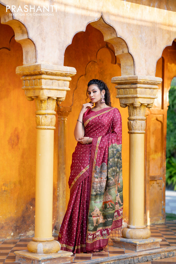 Pure tussar silk saree maroon with allover bandhani butta prints & pita work and zari line border