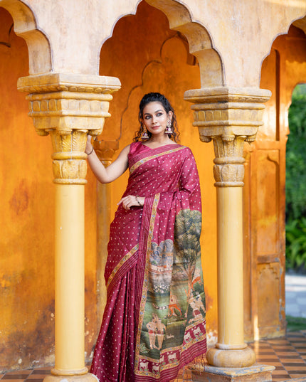 Pure tussar silk saree maroon with allover bandhani butta prints & pita work and zari line border