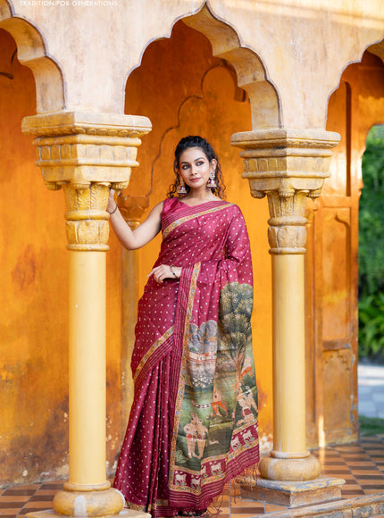 Pure tussar silk saree maroon with allover bandhani butta prints & pita work and zari line border