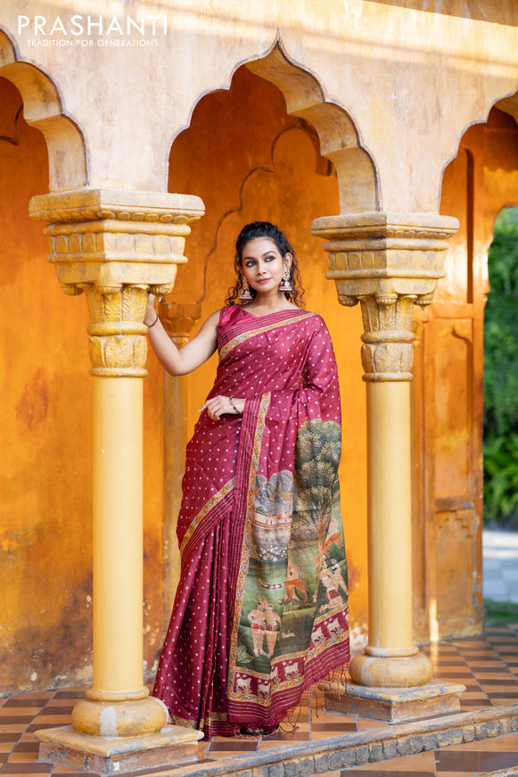 Pure tussar silk saree maroon with allover bandhani butta prints & pita work and zari line border