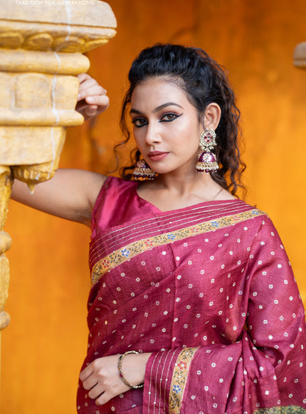 Pure tussar silk saree maroon with allover bandhani butta prints & pita work and zari line border