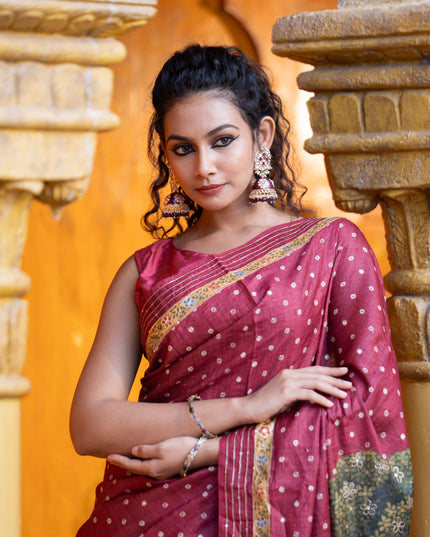 Pure tussar silk saree maroon with allover bandhani butta prints & pita work and zari line border