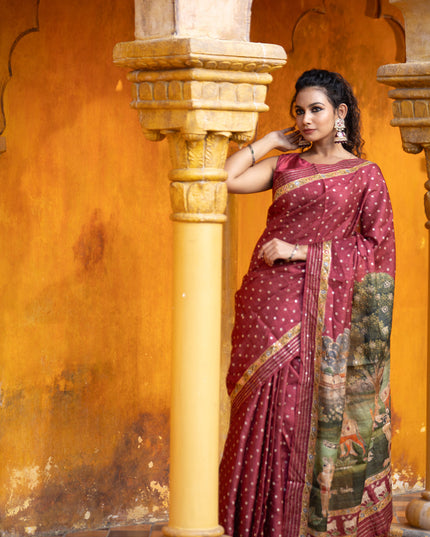 Pure tussar silk saree maroon with allover bandhani butta prints & pita work and zari line border