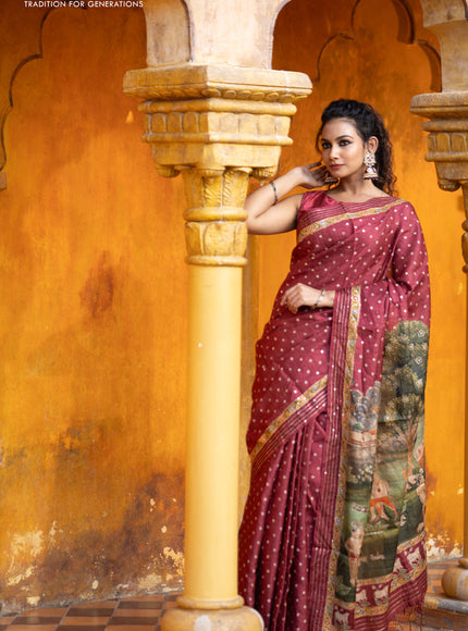 Pure tussar silk saree maroon with allover bandhani butta prints & pita work and zari line border