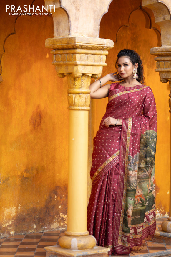 Pure tussar silk saree maroon with allover bandhani butta prints & pita work and zari line border