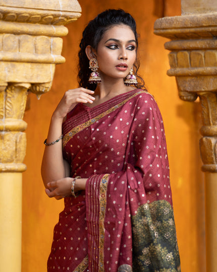 Pure tussar silk saree maroon with allover bandhani butta prints & pita work and zari line border