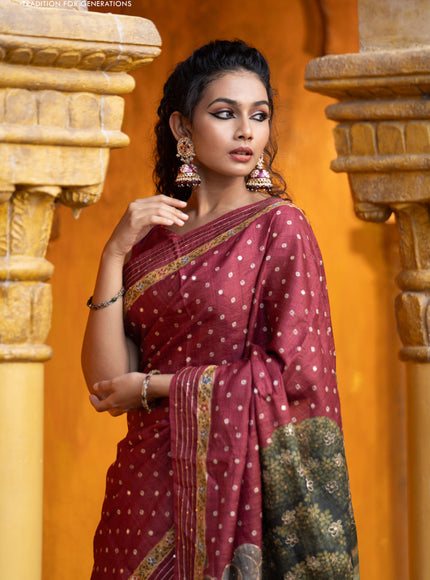 Pure tussar silk saree maroon with allover bandhani butta prints & pita work and zari line border