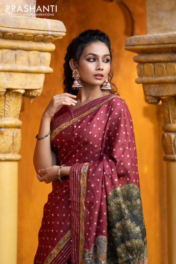 Pure tussar silk saree maroon with allover bandhani butta prints & pita work and zari line border